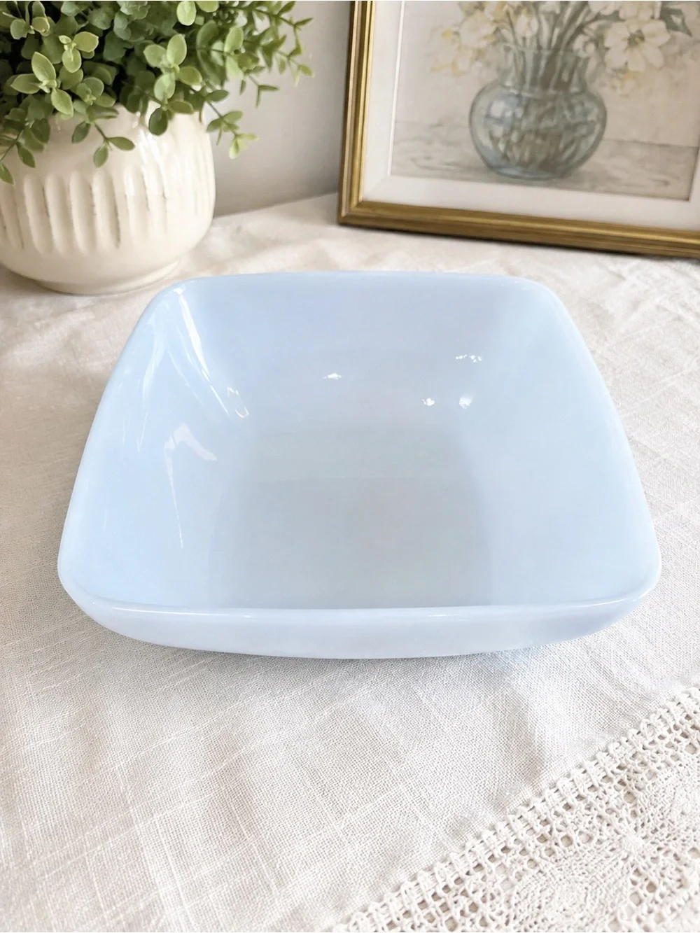 Vintage Square White Milk Glass Bowl 7” Blue UV Reactive Unmarked